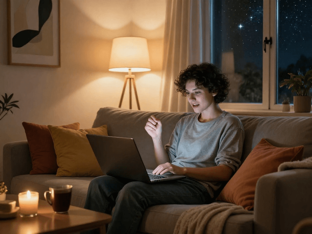 Engaging in intimate sex chat AI conversation in cozy home setting
