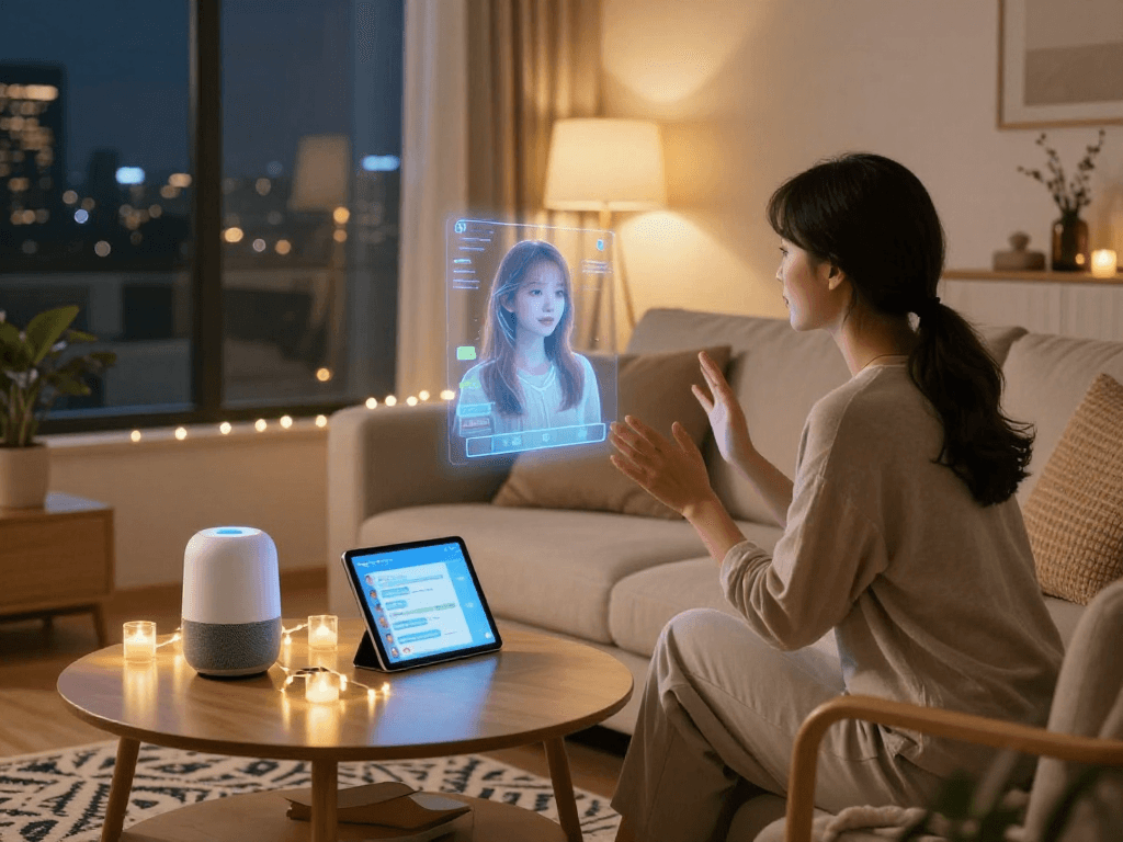 AI girlfriend hologram interaction in a cozy living room.