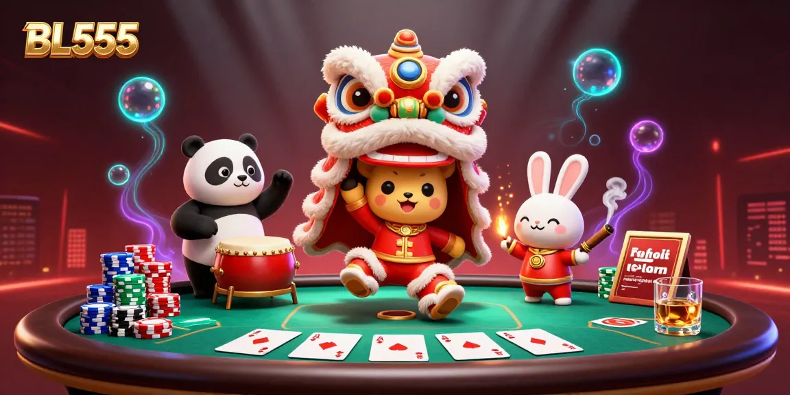 Engage with BL555 in a vibrant casino scene featuring lion dance and poker elements.