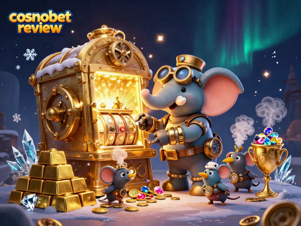 Engage with the cosmobet review through a vibrant 3D casino scene filled with gold and gems.
