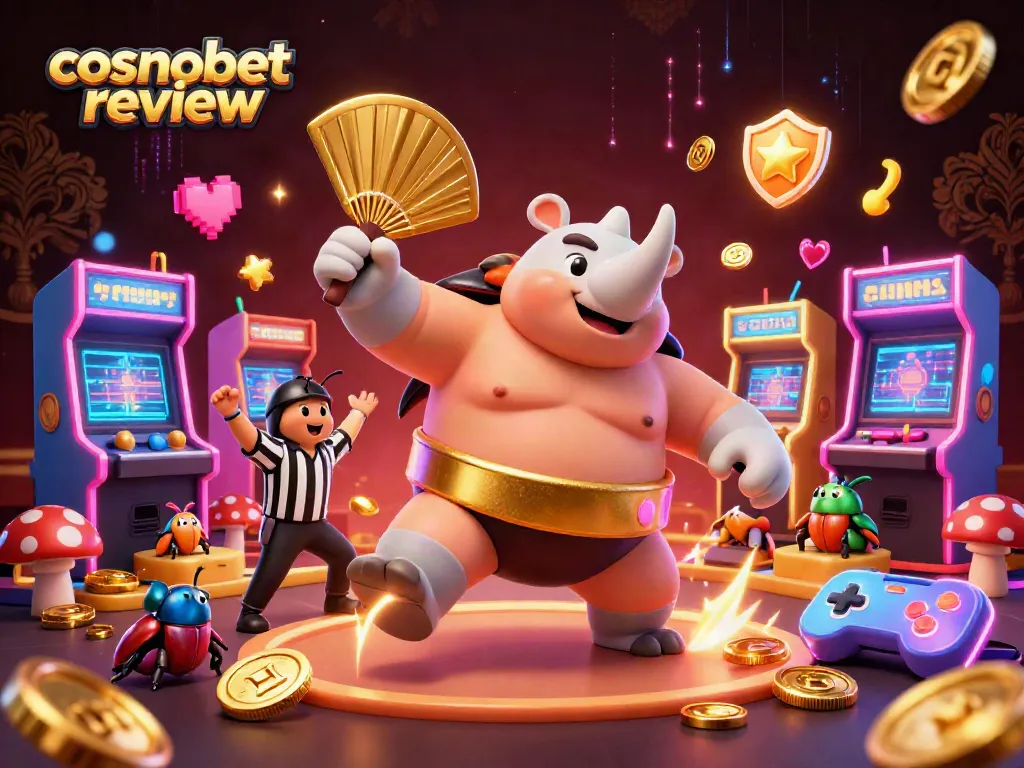 Experience the excitement of the Cosmobet review featuring a sumo champion beetle and animated gaming elements.