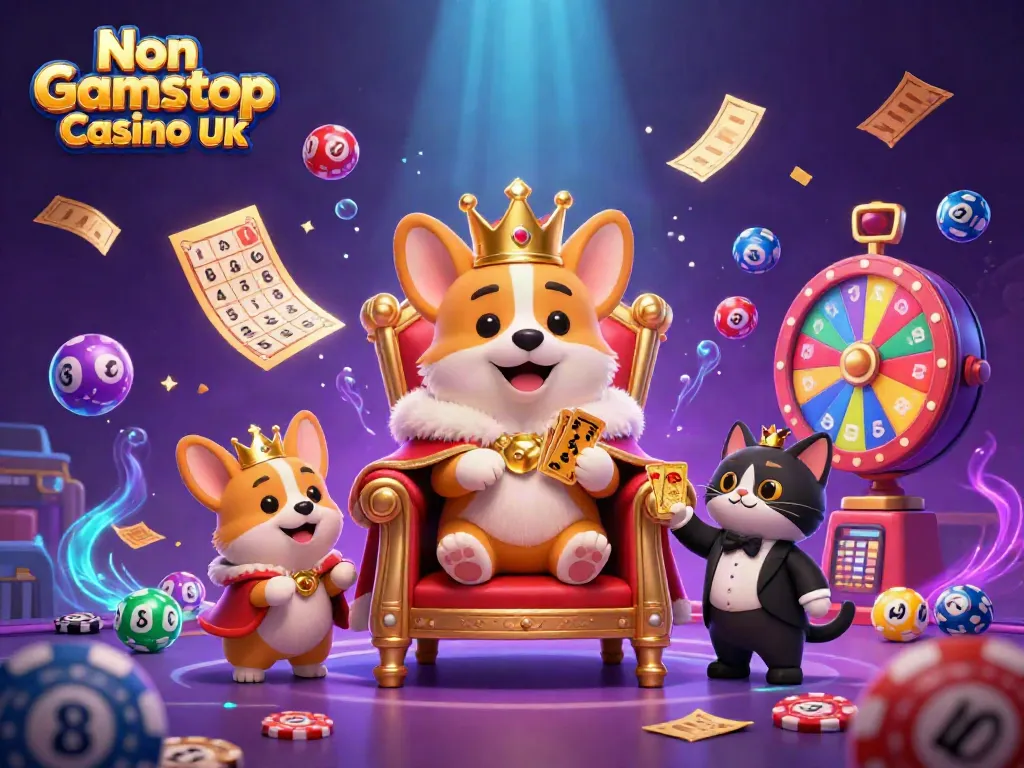 Experience the excitement of Non Gamstop Casino UK with a royal corgi and gaming elements in a vibrant 3D scene.
