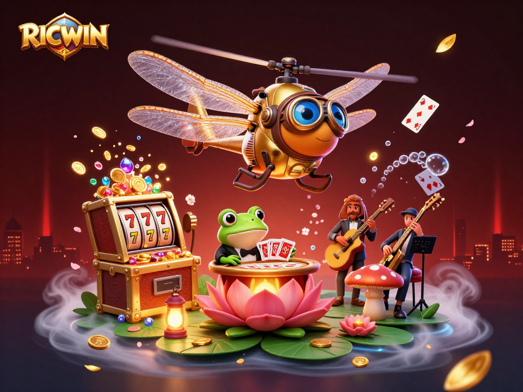 Experience RICWIN thrill as a dragonfly pilot and frog croupier create a vibrant casino scene.