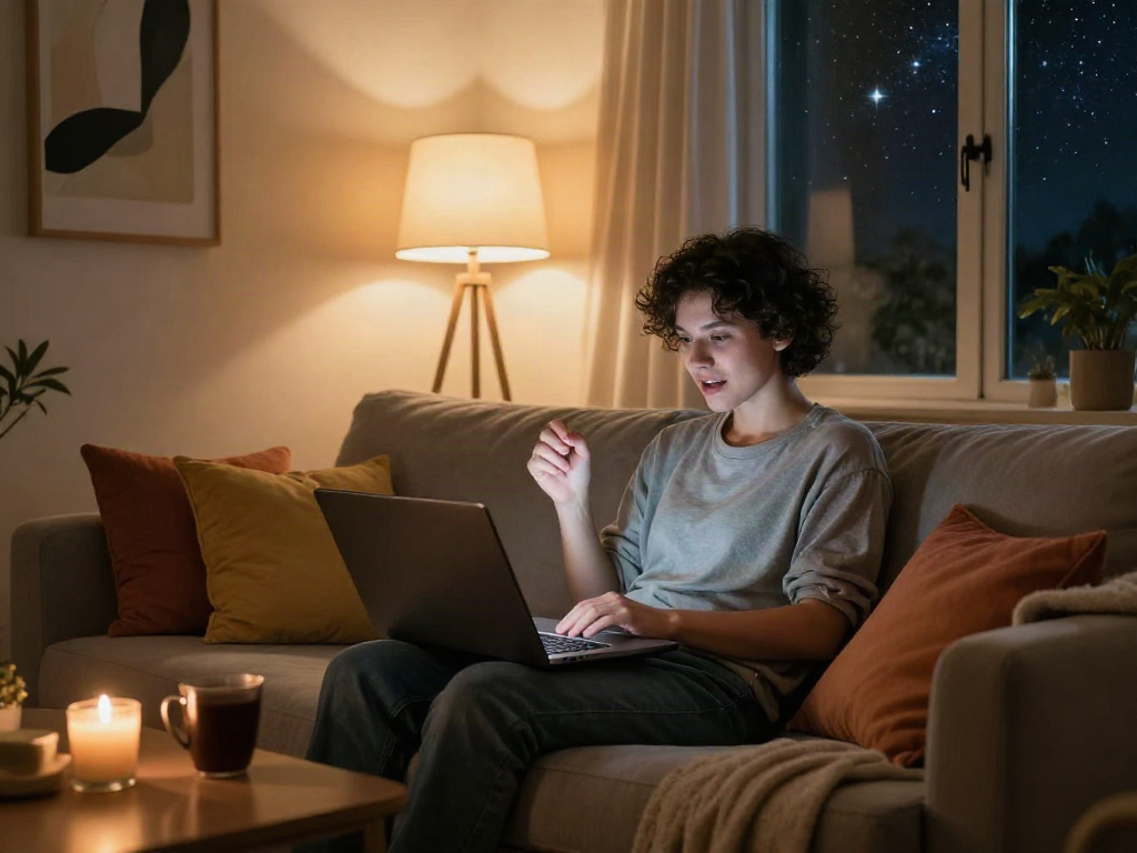 Engaging in intimate sex chat AI conversation in cozy home setting