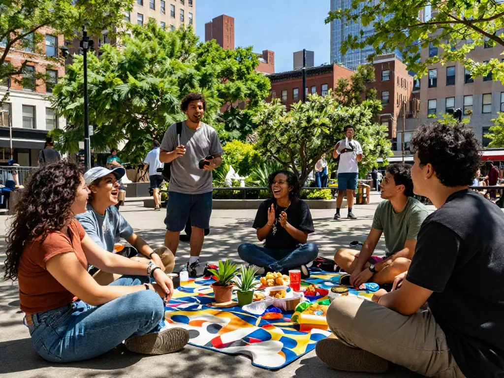 This guy and friends enjoying a lively picnic, celebrating connection in a sunny urban park.