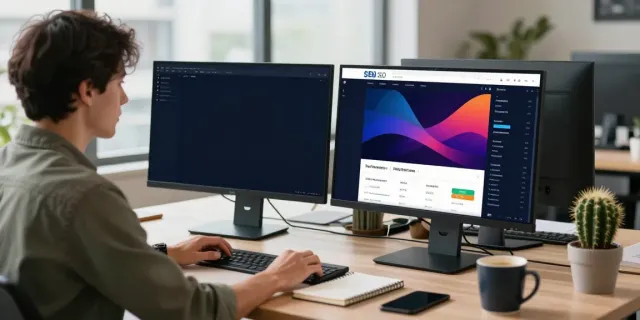 SEO specialist analyzing instant indexing metrics in a modern workspace.