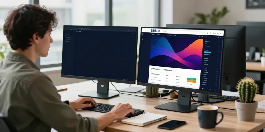 SEO specialist analyzing instant indexing metrics in a modern workspace.