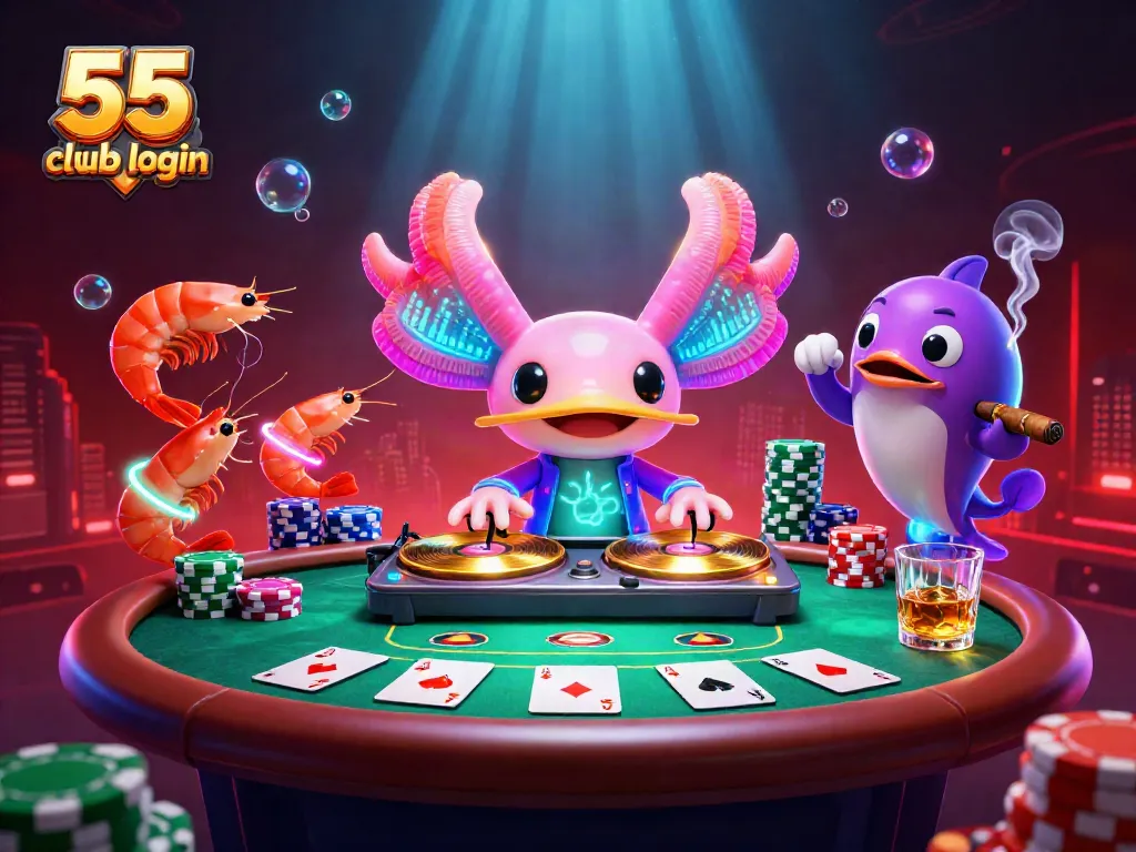 Log in to 55 club login with an exciting 3D scene of cartoon characters like DJ axolotl and poker elements