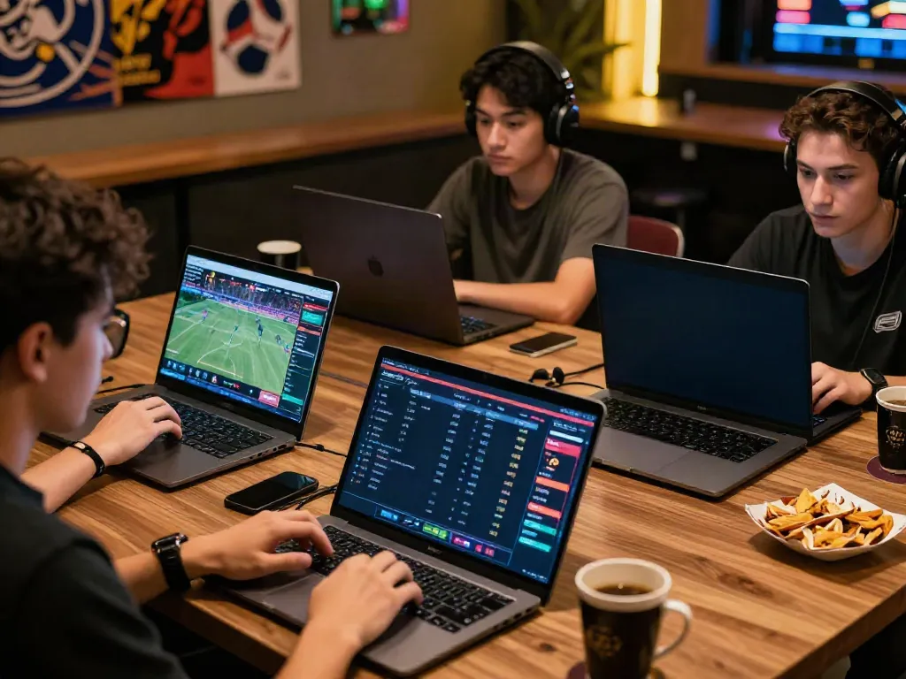 Engaged participants at http://sin88-onl.com/ enjoy live sports betting in a vibrant online casino atmosphere, with laptops and smartphones displaying dynamic odds and events.
