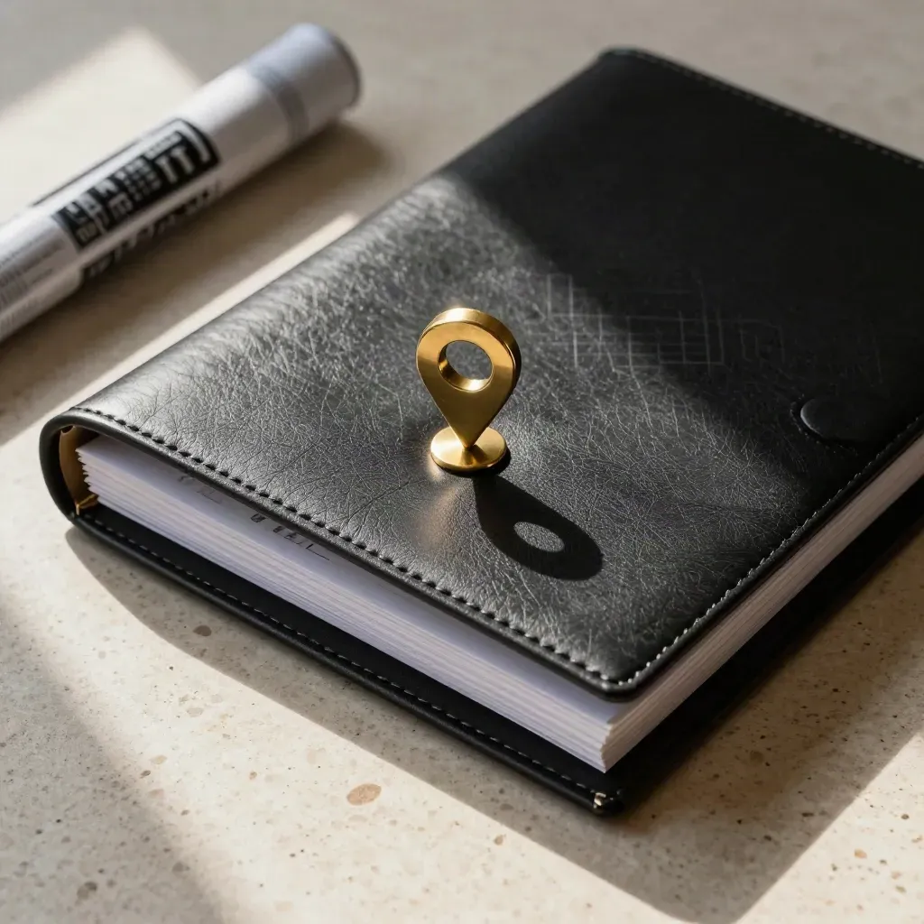 Black deal folders, brass pins and a rolled route tube on pale travertine.