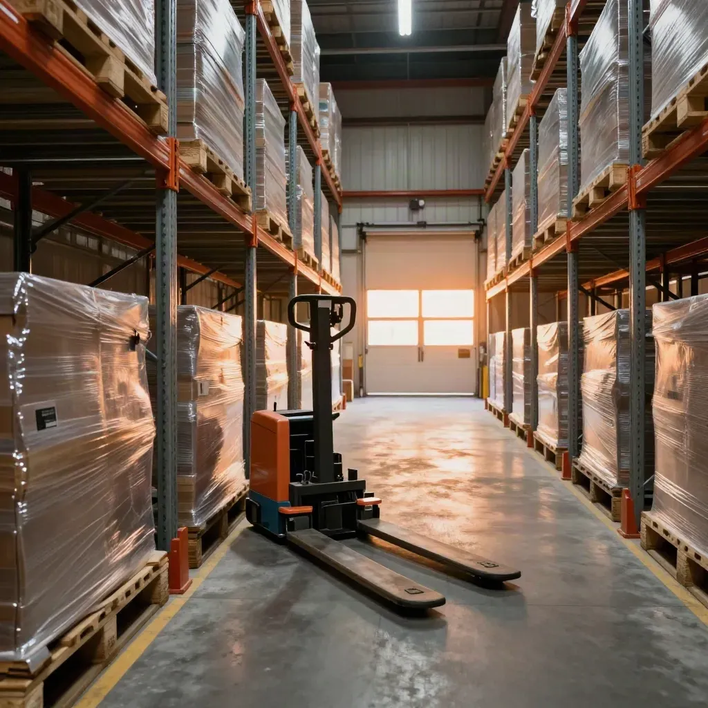 Warehouse aisle with new racking, wrapped stock, and a parked pallet stacker by a glowing dock