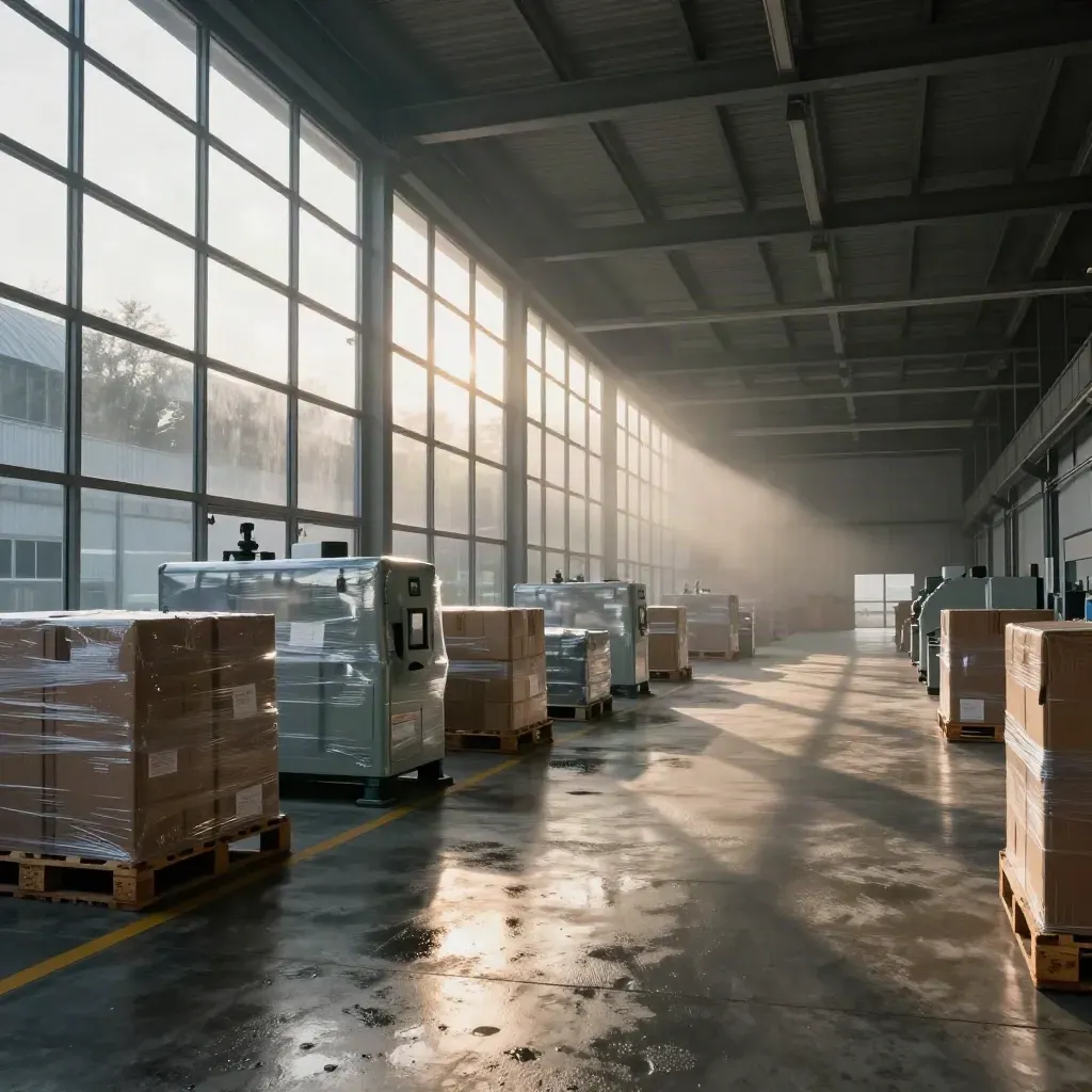 Dawn-lit factory floor with shrink-wrapped machinery, cartons, racking and misty open loading doors.