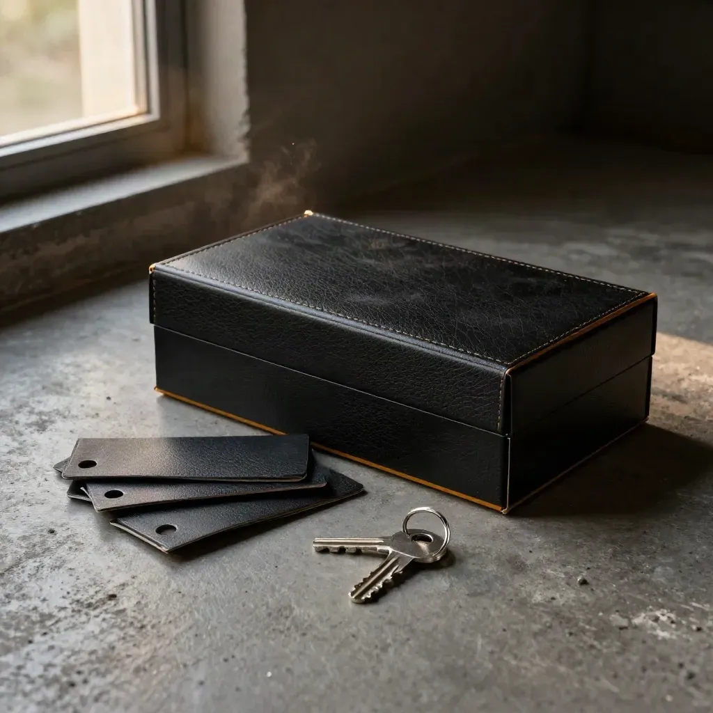 Black sales pack box, silver keys, and buyer tabs on concrete in warm late-afternoon light.