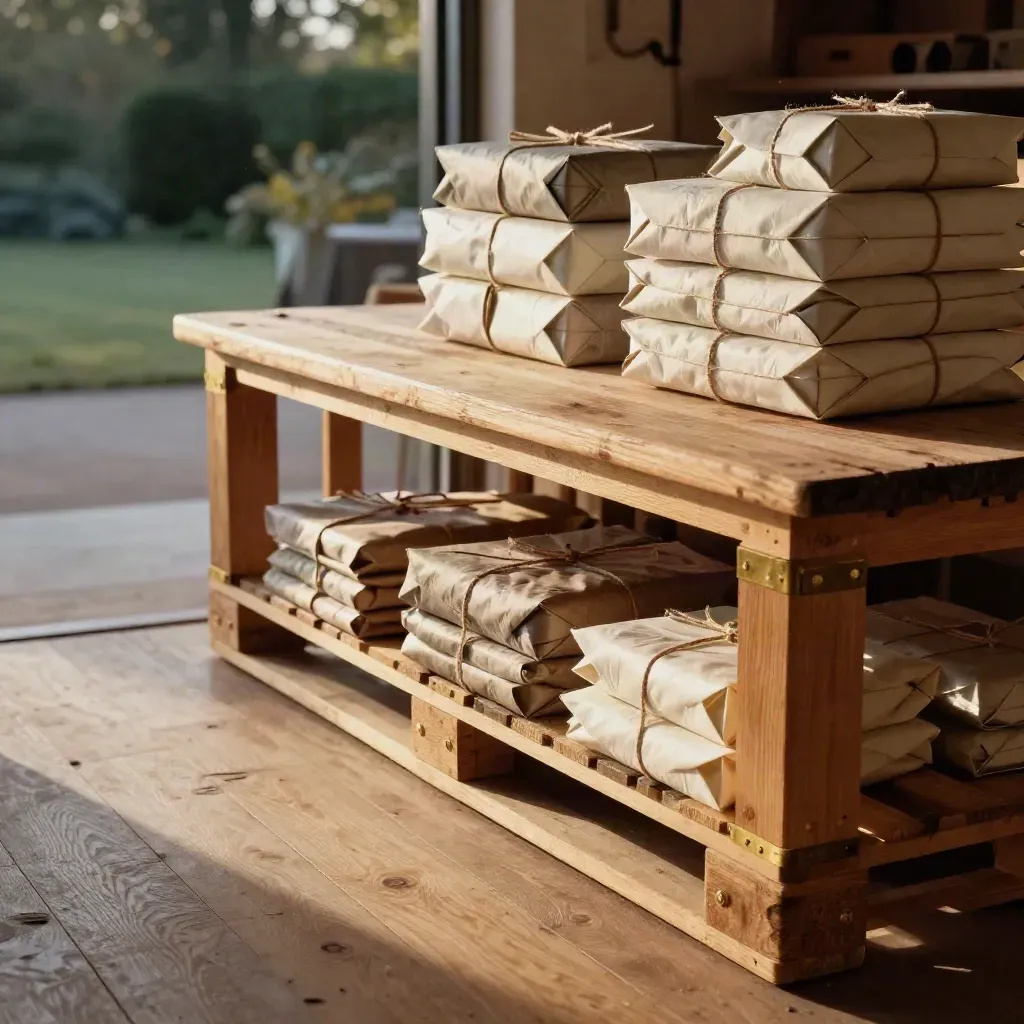 Finished workshop crates and polished timber benches in warm morning bay light.