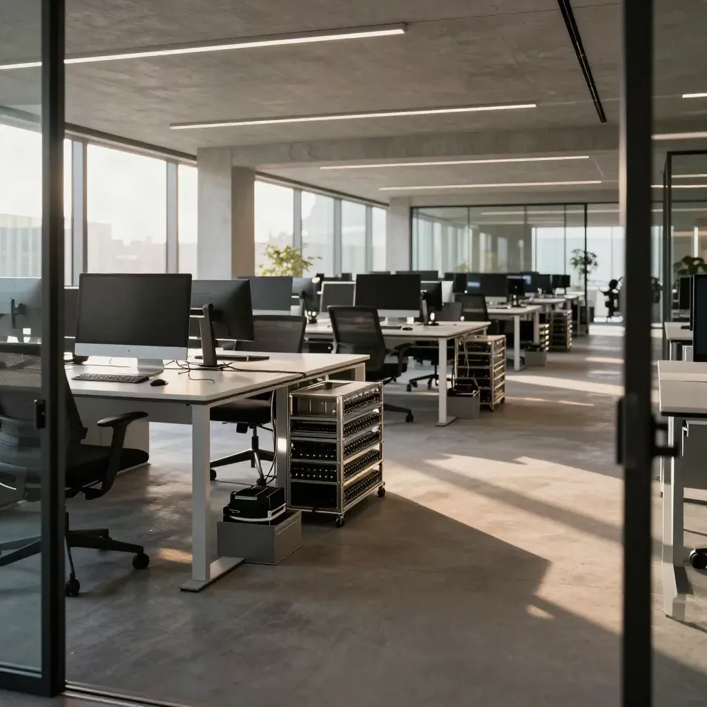 Empty London tech office floor with dark monitors, standing desks and a glowing network rack