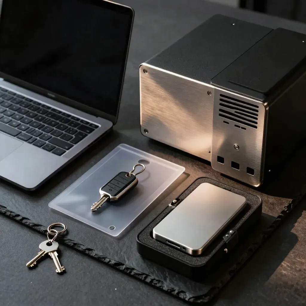 Top-down secure fintech kit with laptop, hardware key and server tower on a slate tray