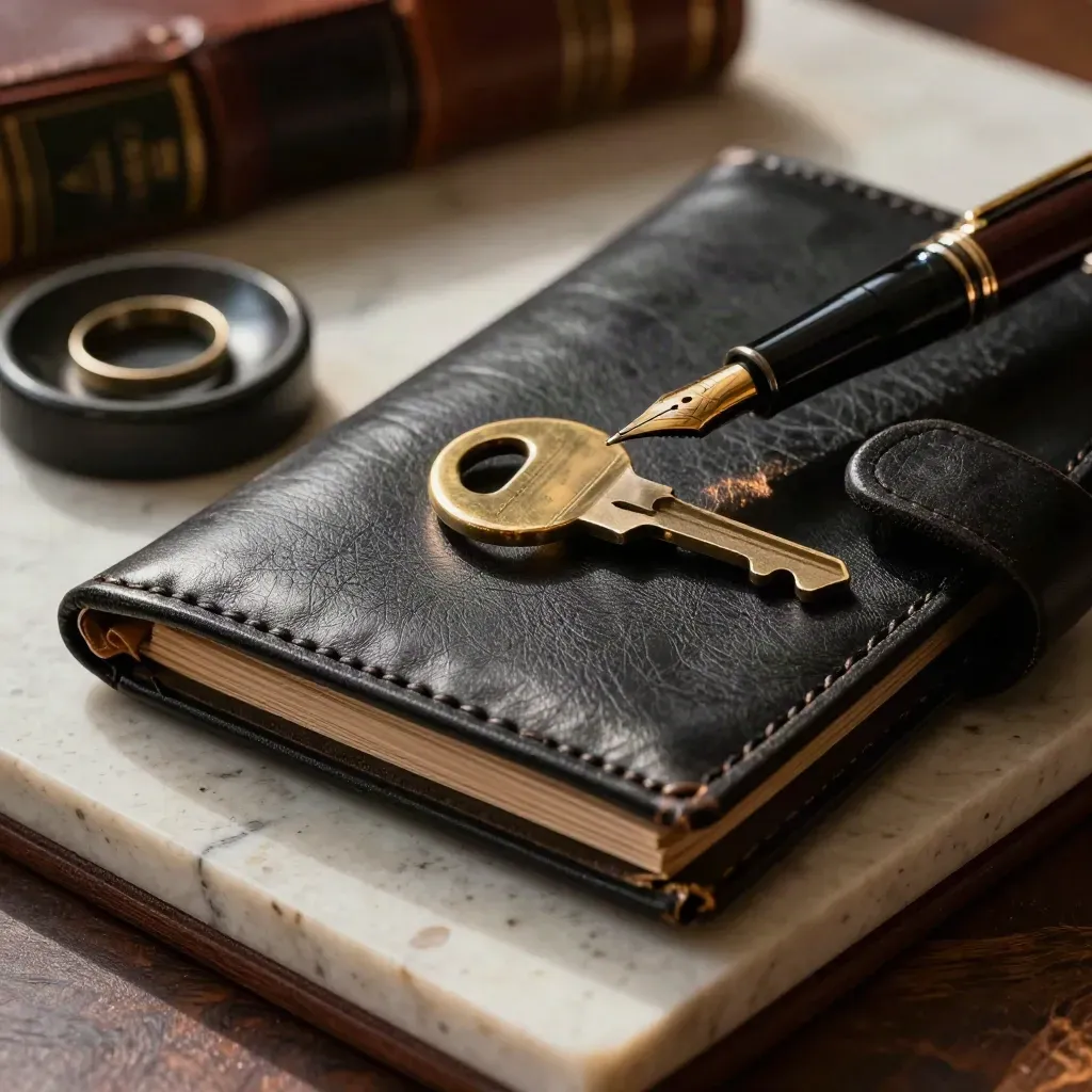Leather deal folio, brass opener, ring dish and pen on travertine in dramatic light