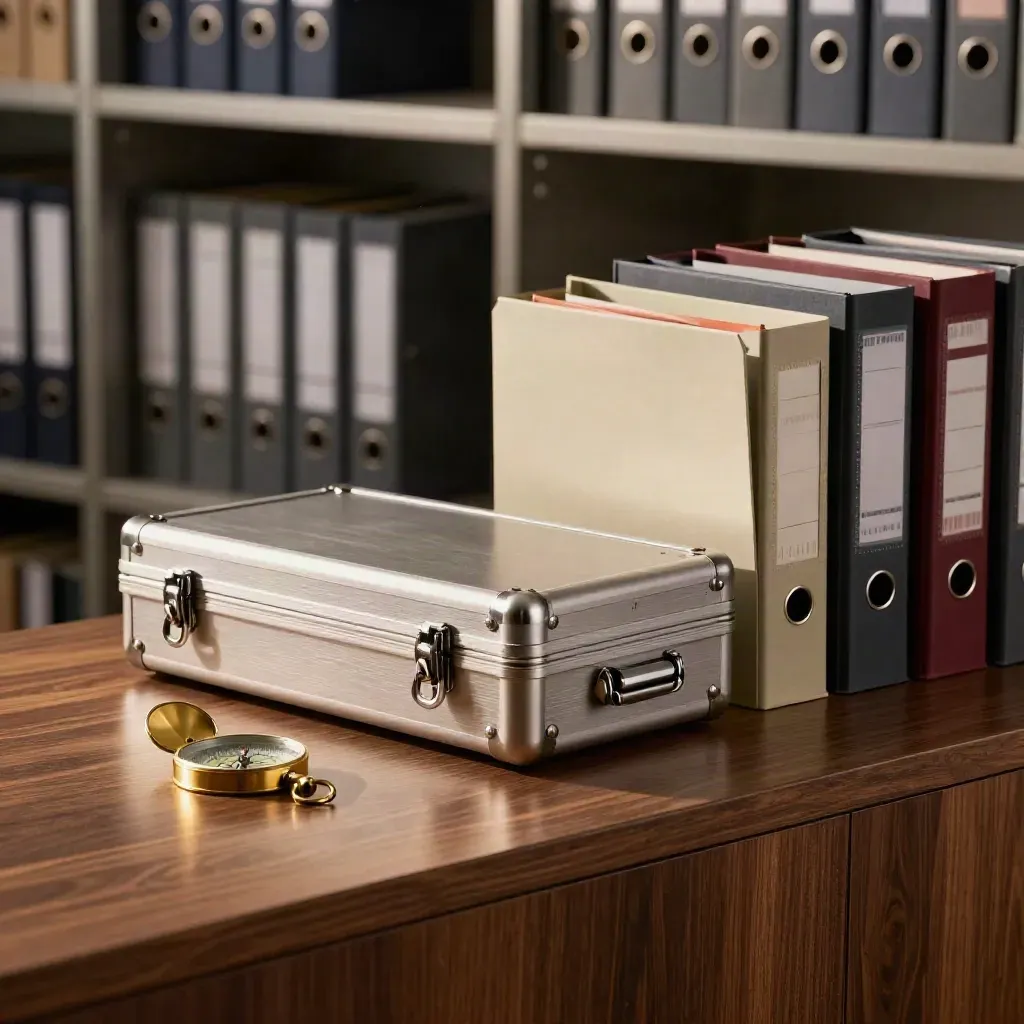 Brushed deal case, brass compass and archive tabs on a slate due diligence ledge.