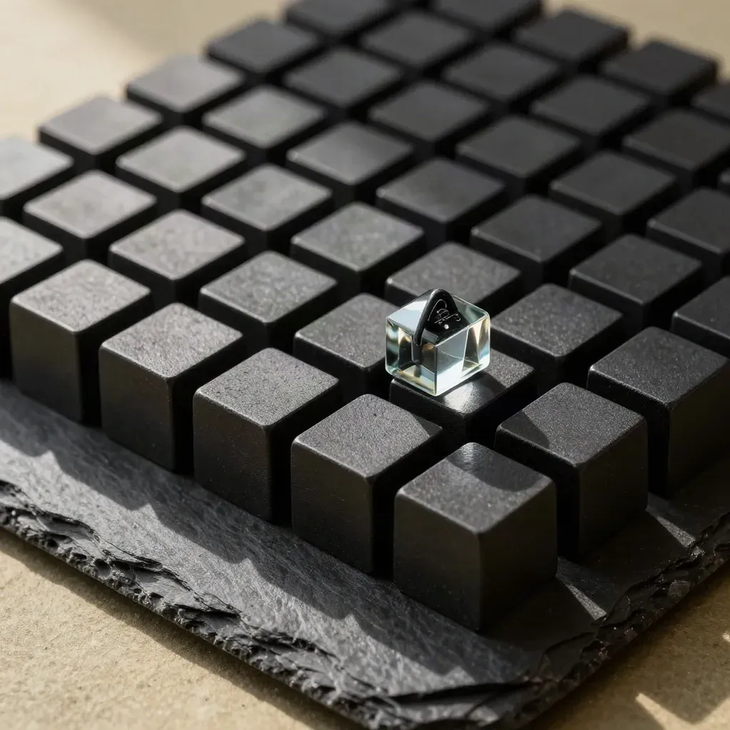 Black strategy cubes, glass paperweight and route markers on slate under raking light.