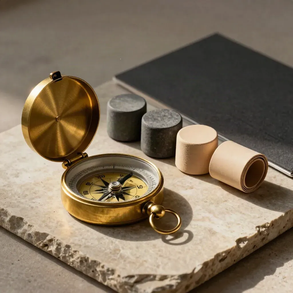 Brass compass, navigation markers and folded route tube on limestone under side light.