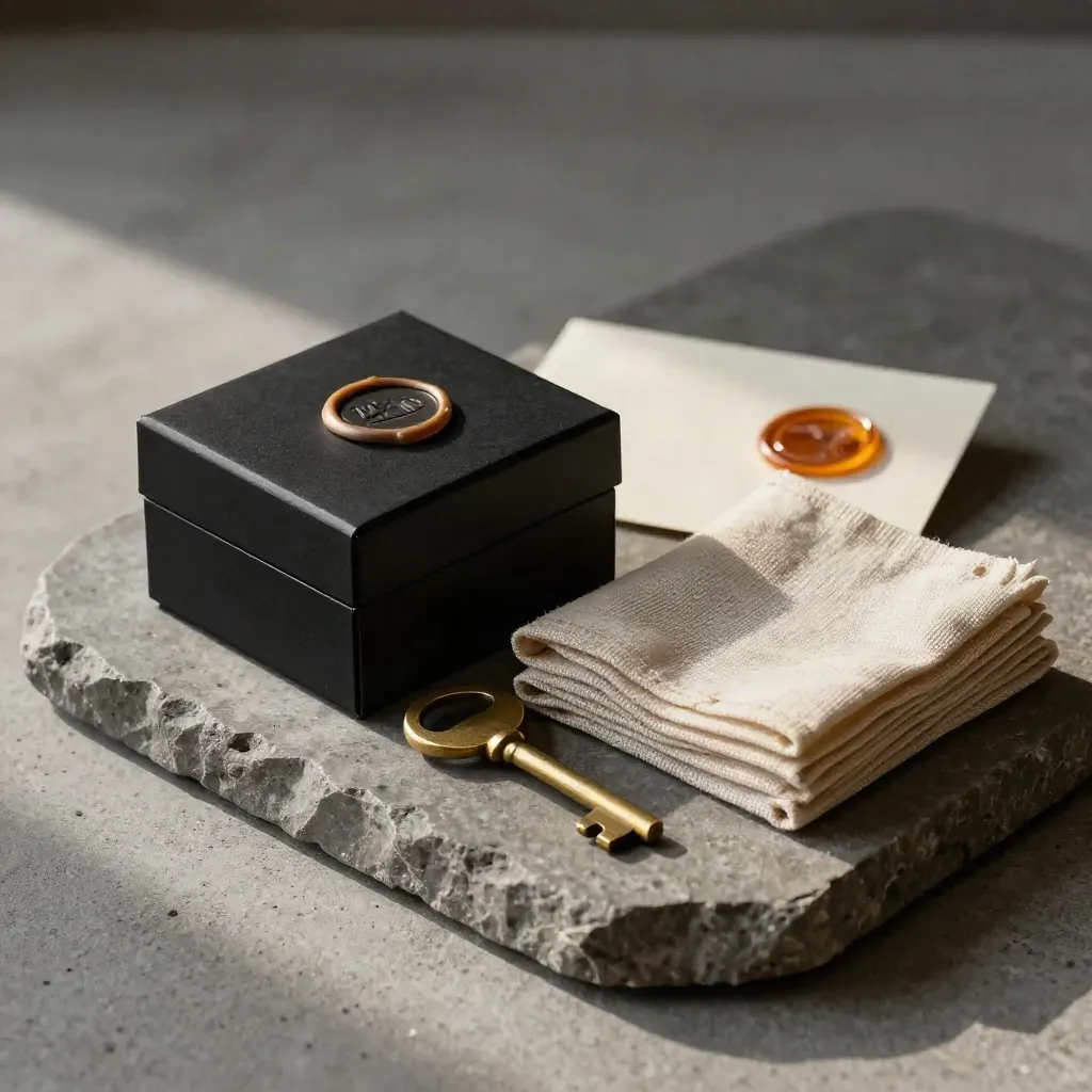 Black sealed box, brass key, and folded linen sleeves on a stone tray