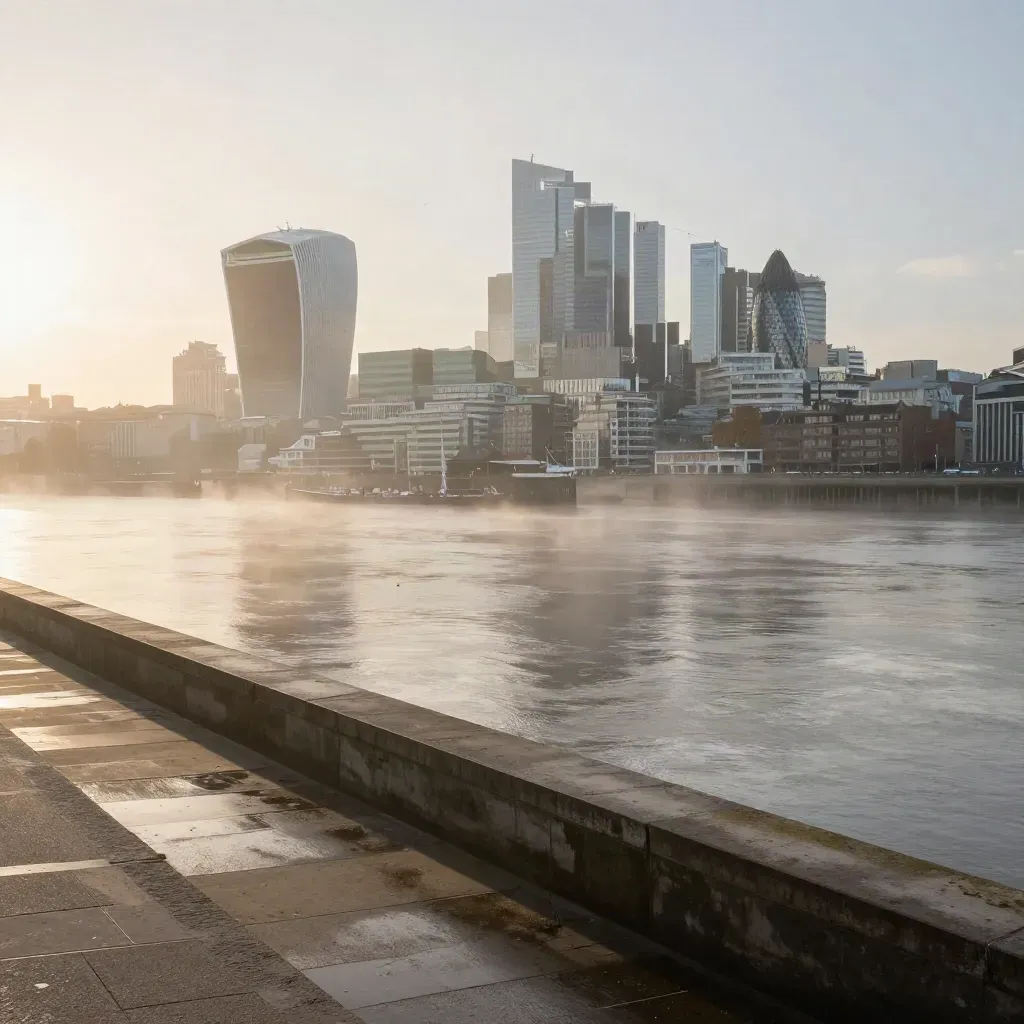 Thames bend at sunrise with Canary Wharf and City skyline above calm misty water