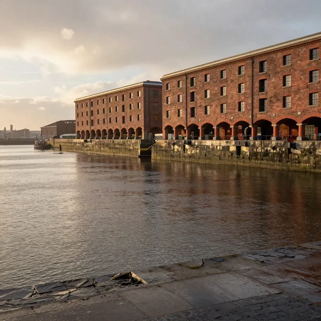 Liverpool waterfront and the Mersey at golden hour, misty sky, calm water and historic façades.