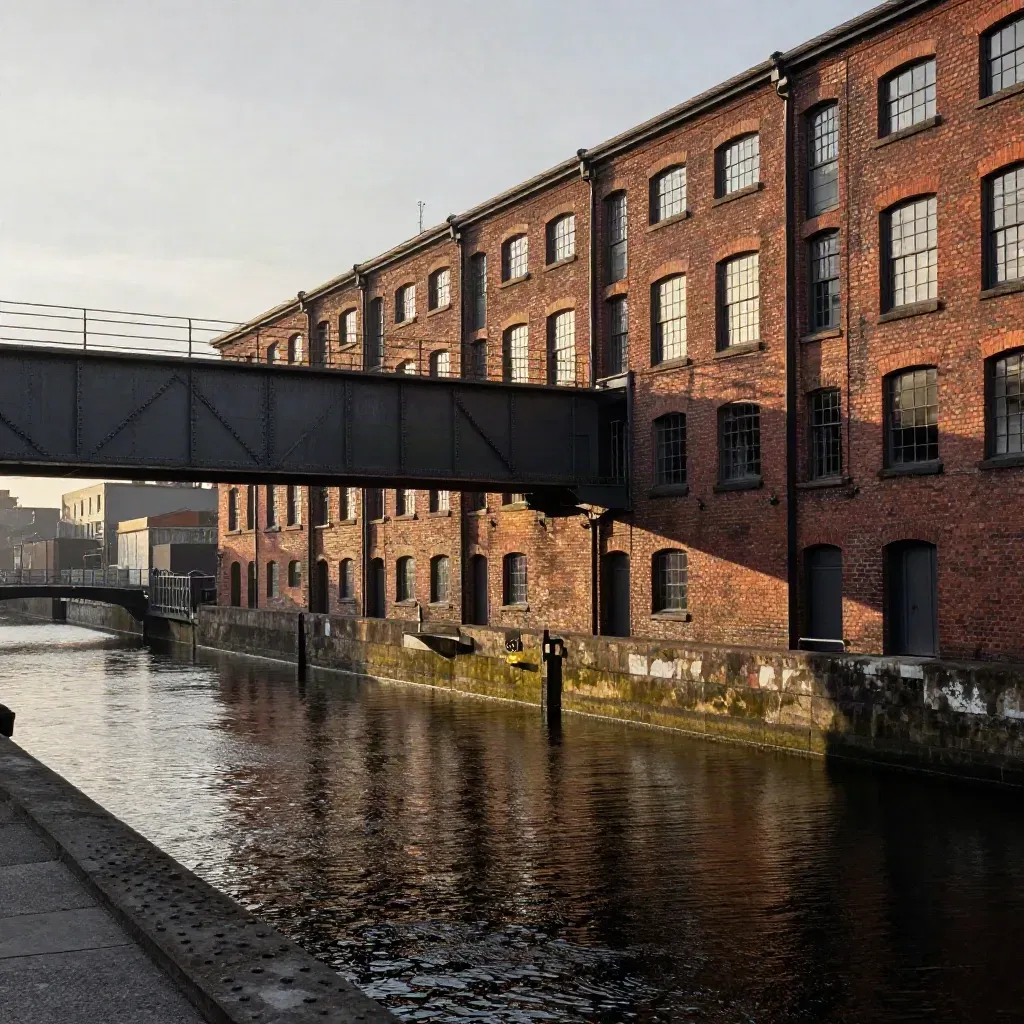 Birmingham canal warehouses and still water in warm industrial haze