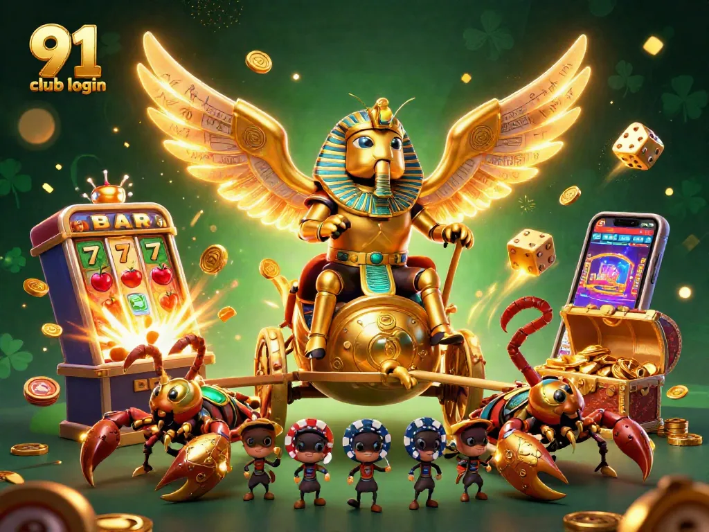Engage with 91 club login featuring an energetic scene of a pharaoh beetle amidst casino games.