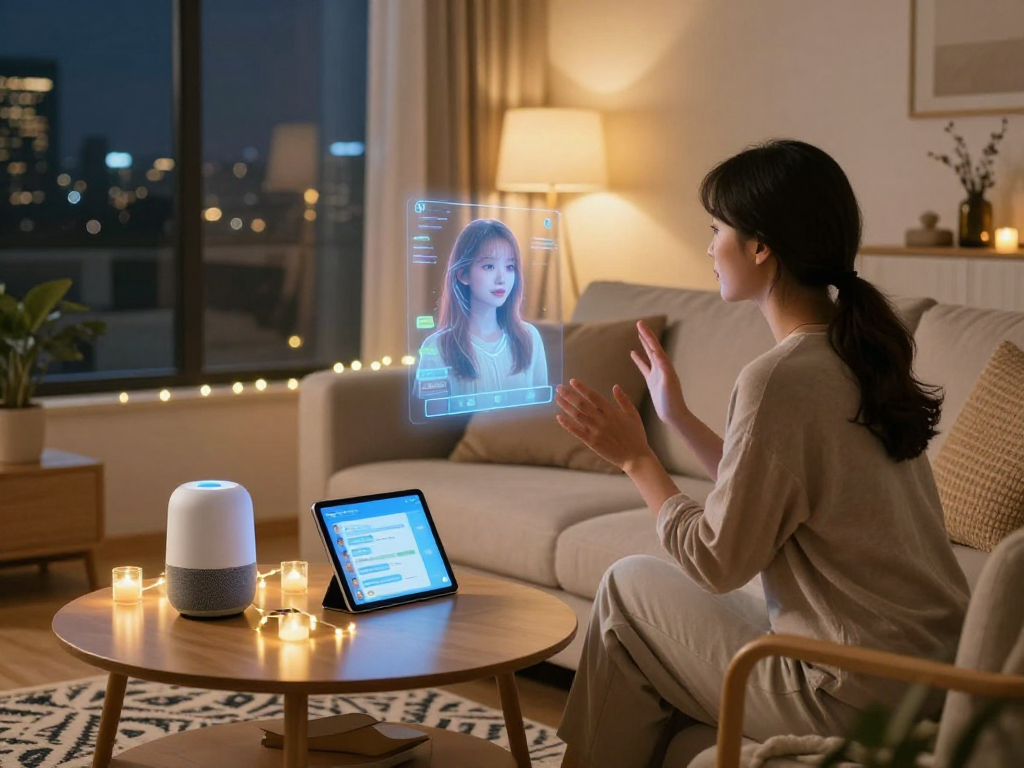 AI girlfriend hologram interaction in a cozy living room.