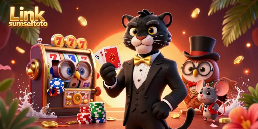 Join the action with Link sumseltoto as the panther deals cards amidst vibrant casino elements.