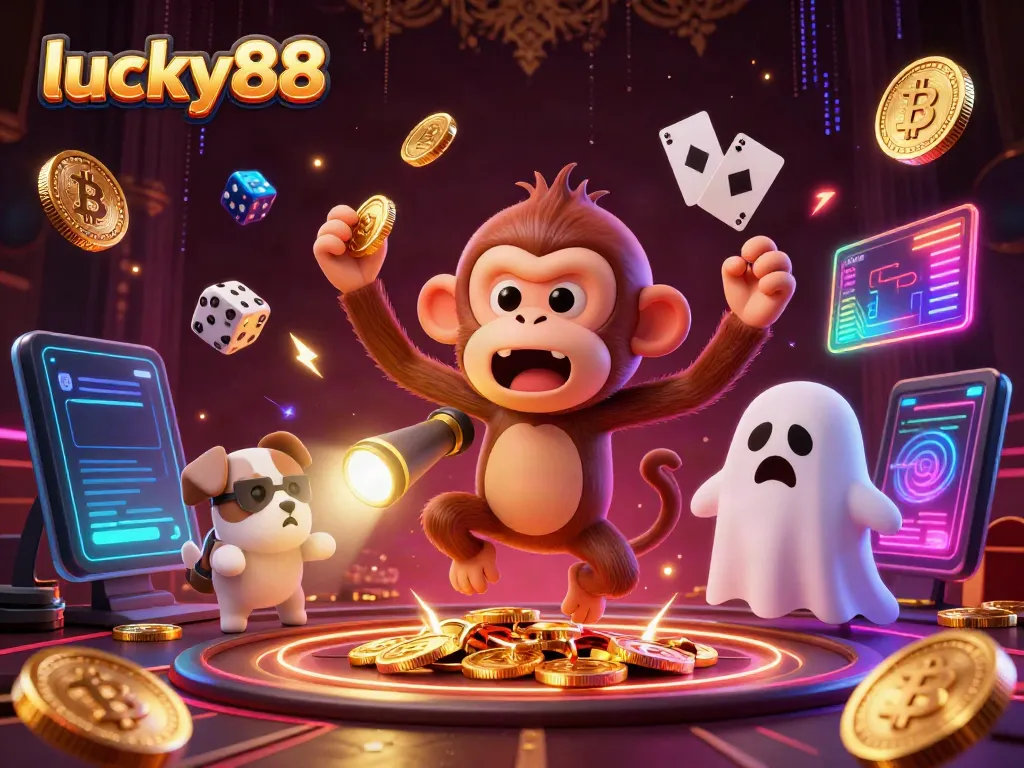 Catching the excitement of lucky88 with a playful poltergeist monkey juggling golden casino items.