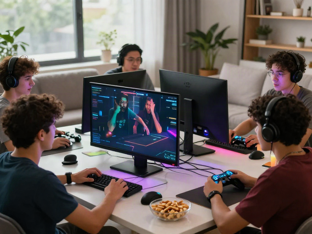Group of friends enjoying gaming experience with 11bet in a lively atmosphere.