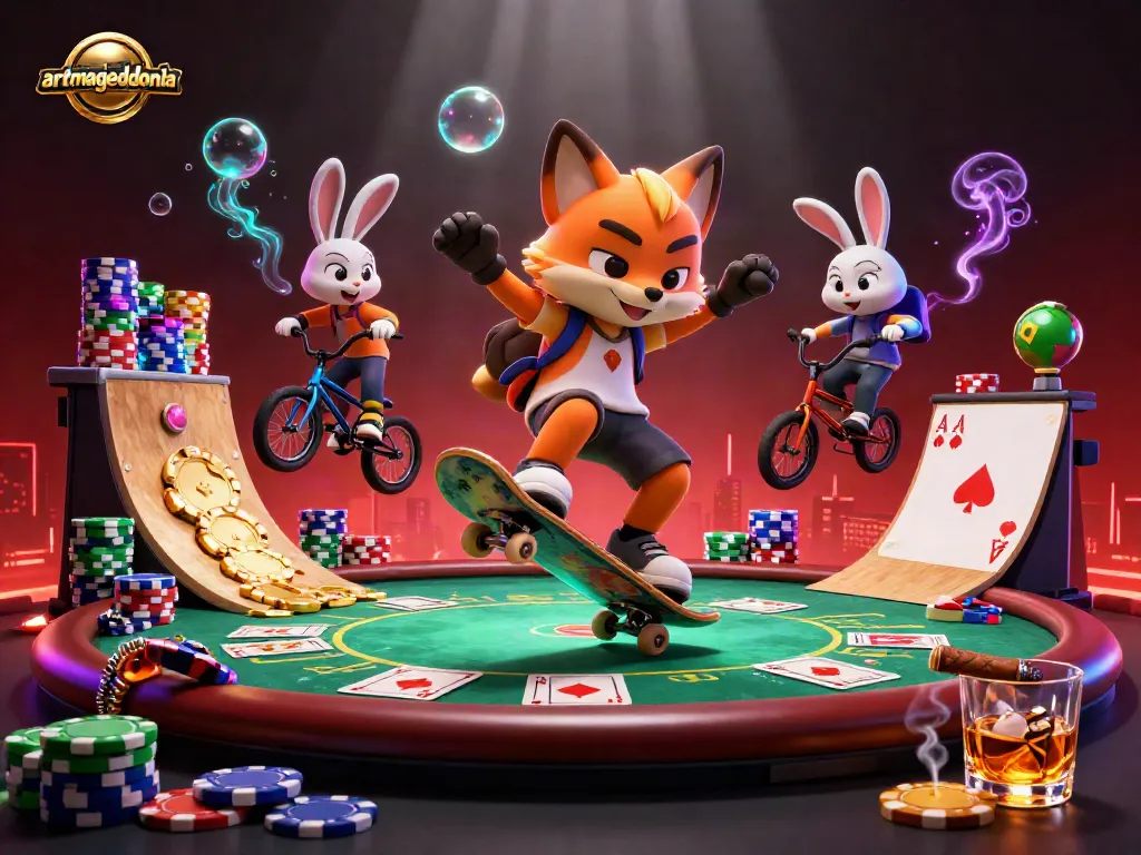 artmageddonla showcases a lively scene of a skateboarder fox and BMX rabbit performing tricks over golden poker chips.