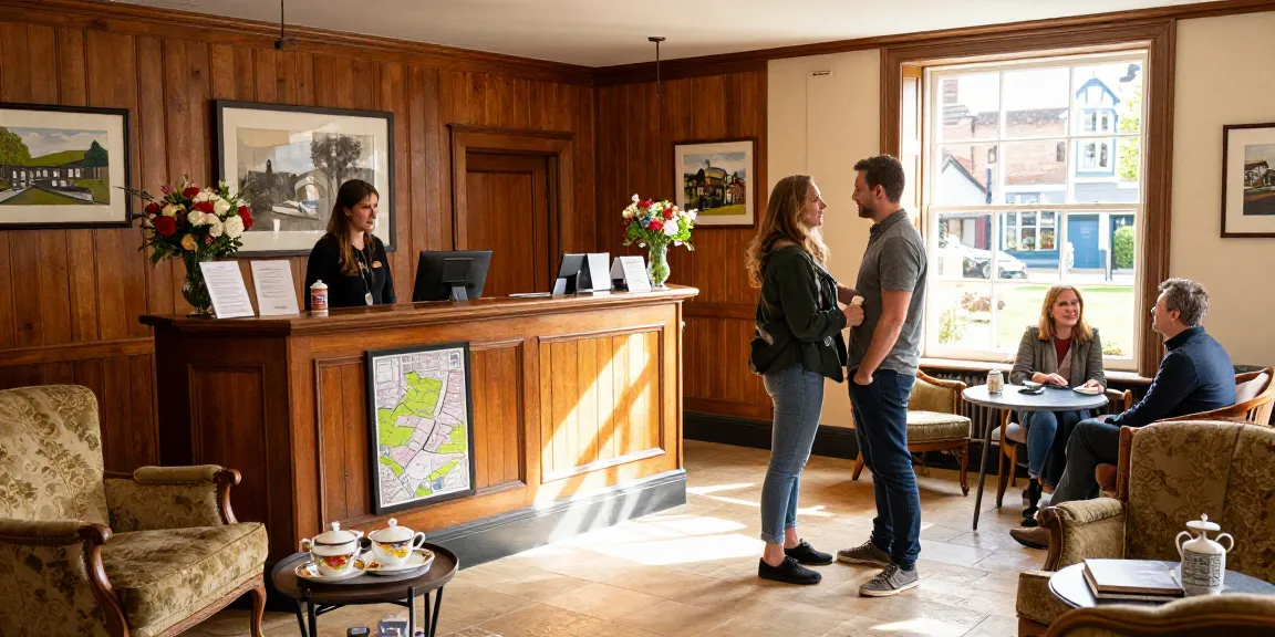Inviting interior of a guesthouse Skipton with happy guests checking in.