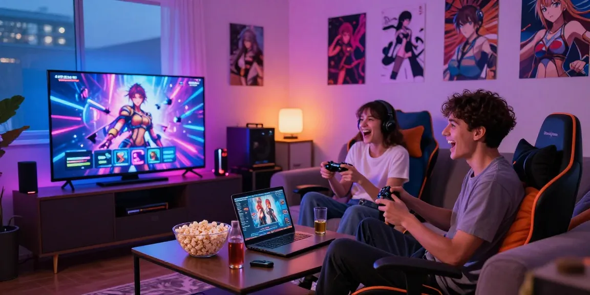 Playing AI hentai games with friends in a vibrant living room filled with snacks and ambient lighting.