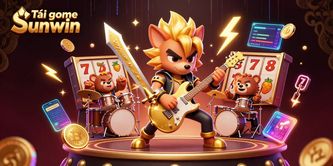 Tải game Sunwin with exciting slot action featuring a cartoon wolf rock star and a drummer bear.