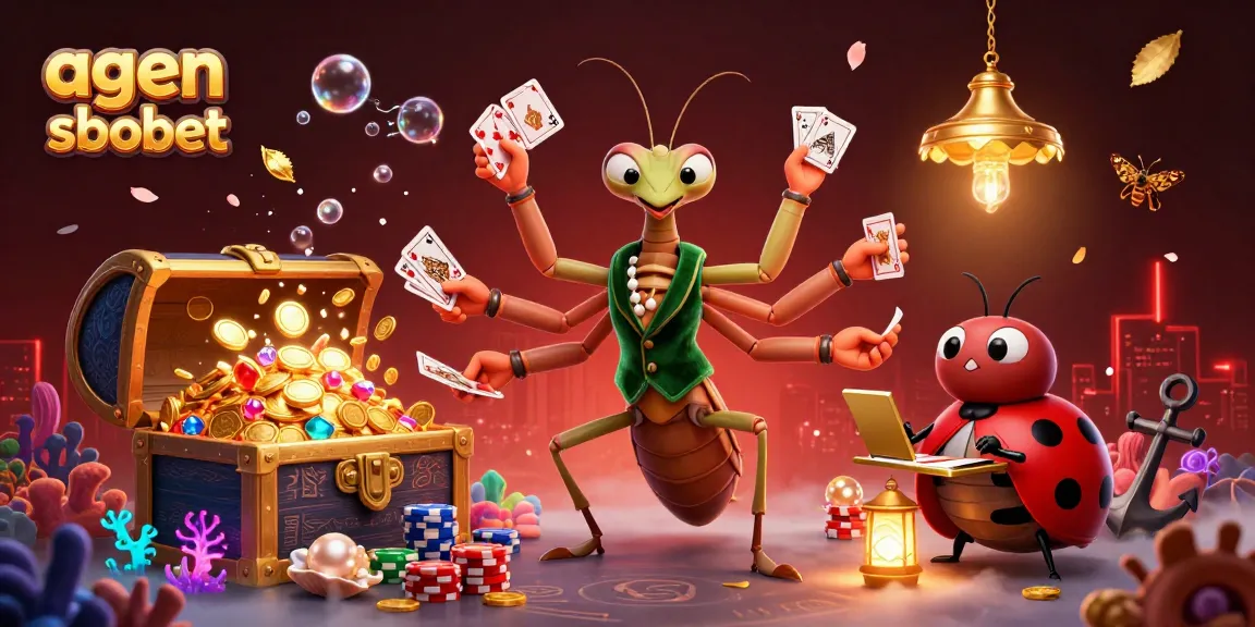 A thrilling agen sbobet scene with a giant mantis card sharp, ladybug pit boss, and underwater treasures.