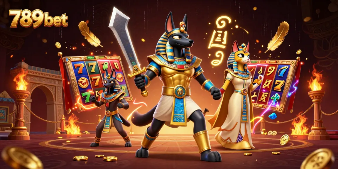 Engage with 789 bet through thrilling slots showcasing Anubis and Bastet in a vibrant casino scene