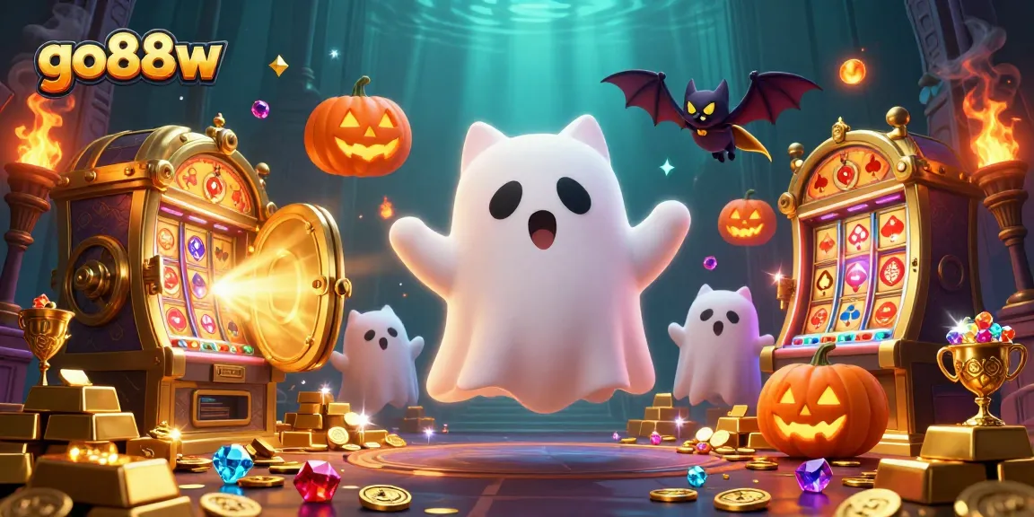 Experience thrilling gaming action with go88w in a vibrant haunted casino scene featuring unique characters.