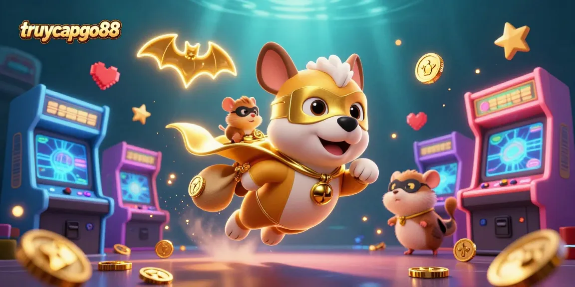 Experience the thrill of gaming at truycapgo88 with superhero dog and hamster amidst colorful casino elements.