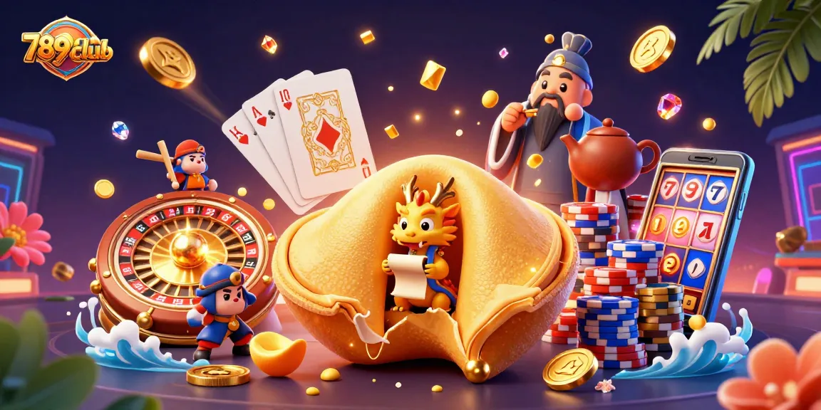 Experience the excitement of 789club with a vibrant 3D casino scene featuring a golden fortune cookie and dynamic game elements.